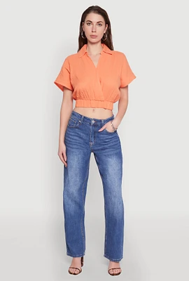 Womens Faux Wrap Cropped Elastic Hem Blouse, M