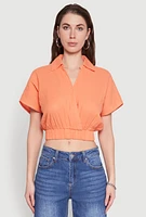 Womens Faux Wrap Cropped Elastic Hem Blouse, M