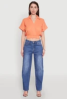 Womens Faux Wrap Cropped Elastic Hem Blouse, M
