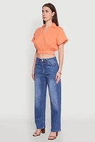 Womens Faux Wrap Cropped Elastic Hem Blouse, M