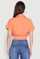 Womens Faux Wrap Cropped Elastic Hem Blouse, M