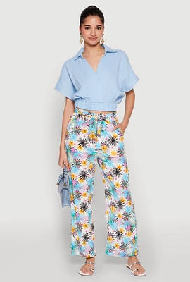 Womens Faux Wrap Cropped Elastic Hem Blouse,
