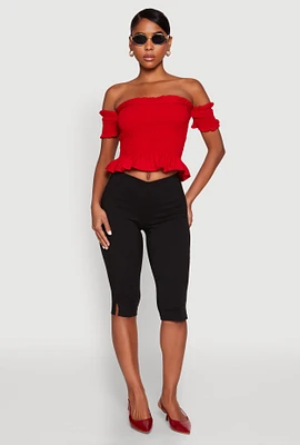 Womens Smocked Off the Shoulder Crop Top, Red, Size M