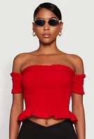 Womens Smocked Off the Shoulder Crop Top, Red, Size M