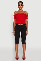 Womens Smocked Off the Shoulder Crop Top, Red, Size M