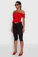 Womens Smocked Off the Shoulder Crop Top, Red, Size M