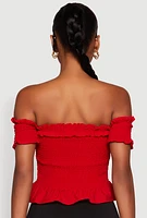Womens Smocked Off the Shoulder Crop Top, Red, Size M