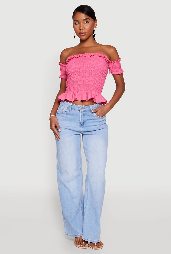 Womens Smocked Off the Shoulder Crop Top, Pink, Size M