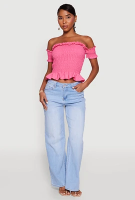 Womens Smocked Off the Shoulder Crop Top, Pink, Size M