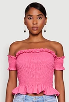Womens Smocked Off the Shoulder Crop Top, Pink, Size M