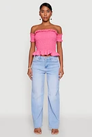 Womens Smocked Off the Shoulder Crop Top, Pink, Size M