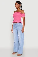 Womens Smocked Off the Shoulder Crop Top, Pink, Size M