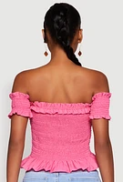 Womens Smocked Off the Shoulder Crop Top, Pink, Size M