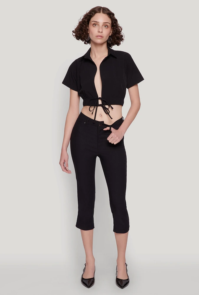 Womens Open Tie Front Cropped Shirt,