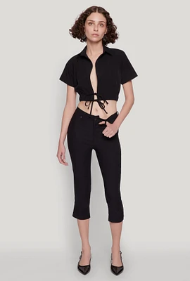Womens Open Tie Front Cropped Shirt,
