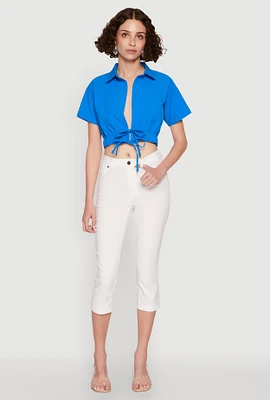 Womens Open Tie Front Cropped Shirt, Blue, Size L