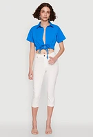 Womens Open Tie Front Cropped Shirt, Blue, Size L