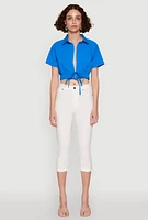 Womens Open Tie Front Cropped Shirt, Blue, Size L