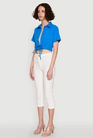 Womens Open Tie Front Cropped Shirt, Blue, Size L