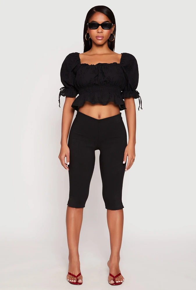 Womens Eyelet Puff Sleeve Peplum Crop Top, Black, Size S