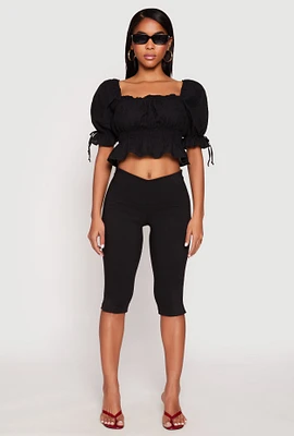 Womens Eyelet Puff Sleeve Peplum Crop Top, Black, Size S