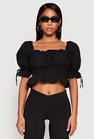 Womens Eyelet Puff Sleeve Peplum Crop Top, Black, Size S