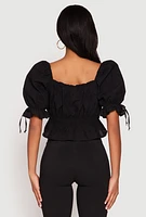 Womens Eyelet Puff Sleeve Peplum Crop Top, Black, Size S