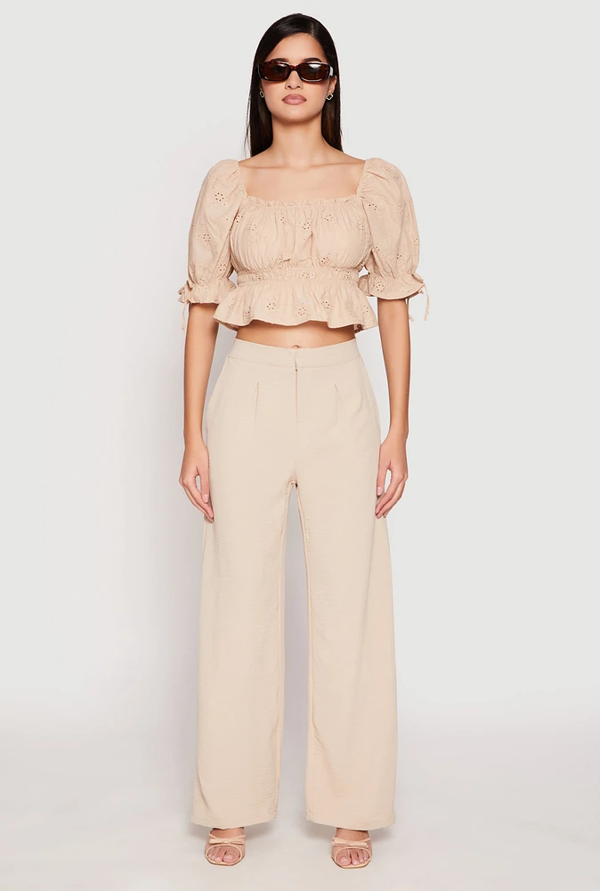Womens Eyelet Puff Sleeve Peplum Crop Top,