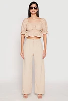 Womens Eyelet Puff Sleeve Peplum Crop Top,