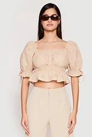 Womens Eyelet Puff Sleeve Peplum Crop Top,