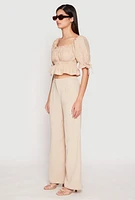 Womens Eyelet Puff Sleeve Peplum Crop Top,