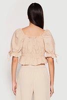 Womens Eyelet Puff Sleeve Peplum Crop Top,