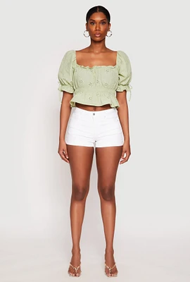Womens Eyelet Puff Sleeve Peplum Crop Top, S