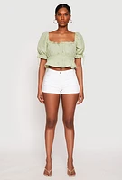 Womens Eyelet Puff Sleeve Peplum Crop Top, Green, Size S