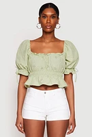 Womens Eyelet Puff Sleeve Peplum Crop Top, Green, Size S