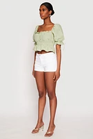 Womens Eyelet Puff Sleeve Peplum Crop Top, Green, Size S