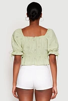 Womens Eyelet Puff Sleeve Peplum Crop Top, Green, Size S