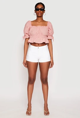 Womens Eyelet Puff Sleeve Peplum Crop Top, Pink, Size L