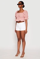 Womens Eyelet Puff Sleeve Peplum Crop Top, Pink, Size L