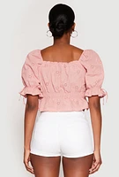 Womens Eyelet Puff Sleeve Peplum Crop Top, Pink, Size L