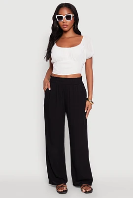 Womens Peasant Top with Puff Sleeves and Scoop Neck, White, Size L
