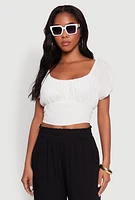 Womens Peasant Top with Puff Sleeves and Scoop Neck, White, Size L