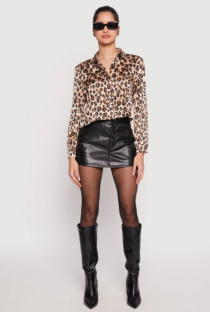 Womens Satin Leopard Print Button Front Cropped Shirt, Multi, Size L