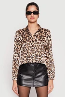 Womens Satin Leopard Print Button Front Cropped Shirt, Multi, Size L