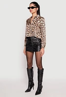 Womens Satin Leopard Print Button Front Cropped Shirt, Multi, Size L