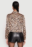 Womens Satin Leopard Print Button Front Cropped Shirt, Brown,