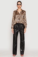 Womens Satin Leopard Print Button Front Shirt, Multi, Size M