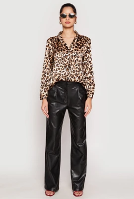Womens Satin Leopard Print Button Front Shirt, Multi, Size S
