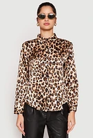 Womens Satin Leopard Print Button Front Shirt, Multi, Size M