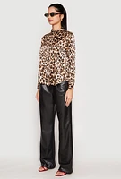 Womens Satin Leopard Print Button Front Shirt, Multi, Size M
